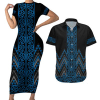Blue Aotearoa Mangopare Kowhaiwhai and Niho Taniwha Couples Matching Short Sleeve Bodycon Dress and Hawaiian Shirt Maori New Zealand