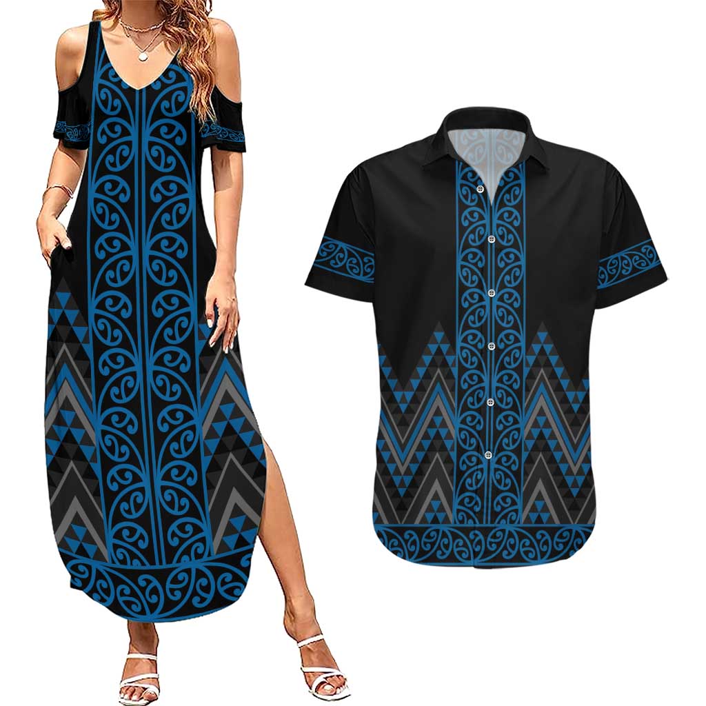 Blue Aotearoa Mangopare Kowhaiwhai and Niho Taniwha Couples Matching Summer Maxi Dress and Hawaiian Shirt Maori New Zealand