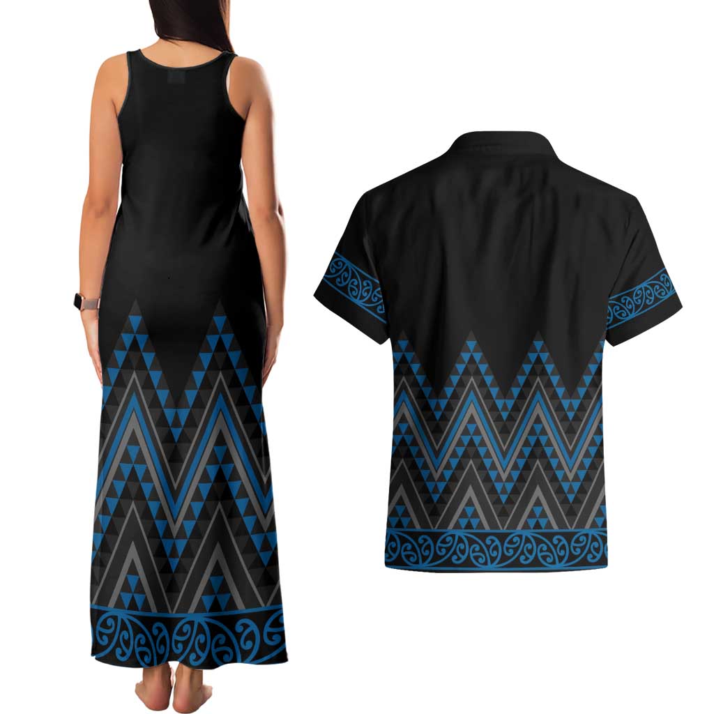 Blue Aotearoa Mangopare Kowhaiwhai and Niho Taniwha Couples Matching Tank Maxi Dress and Hawaiian Shirt Maori New Zealand