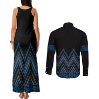 Blue Aotearoa Mangopare Kowhaiwhai and Niho Taniwha Couples Matching Tank Maxi Dress and Long Sleeve Button Shirt Maori New Zealand