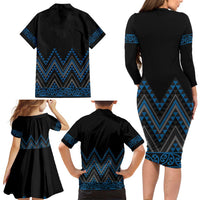 Blue Aotearoa Mangopare Kowhaiwhai and Niho Taniwha Family Matching Long Sleeve Bodycon Dress and Hawaiian Shirt Maori New Zealand