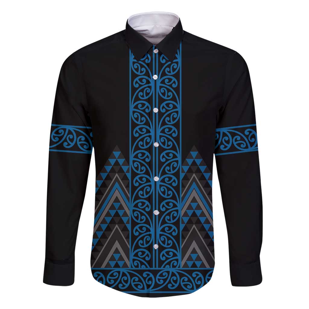 Blue Aotearoa Mangopare Kowhaiwhai and Niho Taniwha Family Matching Long Sleeve Bodycon Dress and Hawaiian Shirt Maori New Zealand