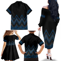 Blue Aotearoa Mangopare Kowhaiwhai and Niho Taniwha Family Matching Off The Shoulder Long Sleeve Dress and Hawaiian Shirt Maori New Zealand