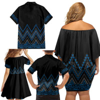 Blue Aotearoa Mangopare Kowhaiwhai and Niho Taniwha Family Matching Off Shoulder Short Dress and Hawaiian Shirt Maori New Zealand