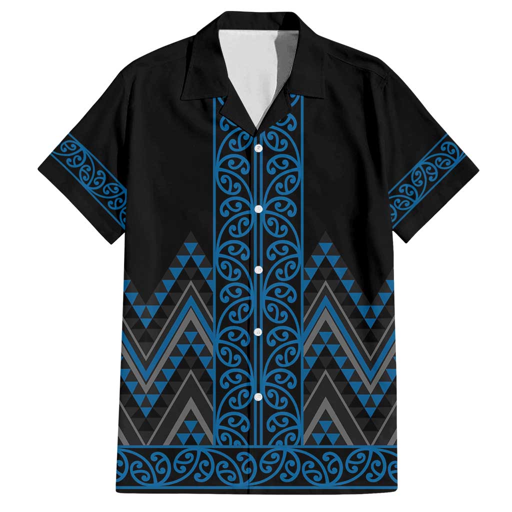 Blue Aotearoa Mangopare Kowhaiwhai and Niho Taniwha Family Matching Off Shoulder Short Dress and Hawaiian Shirt Maori New Zealand