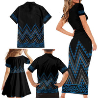 Blue Aotearoa Mangopare Kowhaiwhai and Niho Taniwha Family Matching Short Sleeve Bodycon Dress and Hawaiian Shirt Maori New Zealand