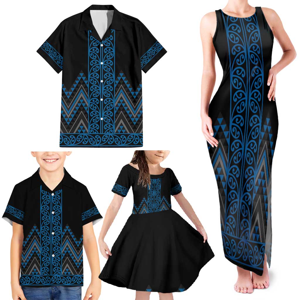 Blue Aotearoa Mangopare Kowhaiwhai and Niho Taniwha Family Matching Tank Maxi Dress and Hawaiian Shirt Maori New Zealand