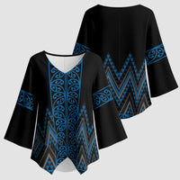 Blue Aotearoa Mangopare Kowhaiwhai Niho Taniwha Kimono Sleeve Blouse Maori New Zealand - Polynesian Pride