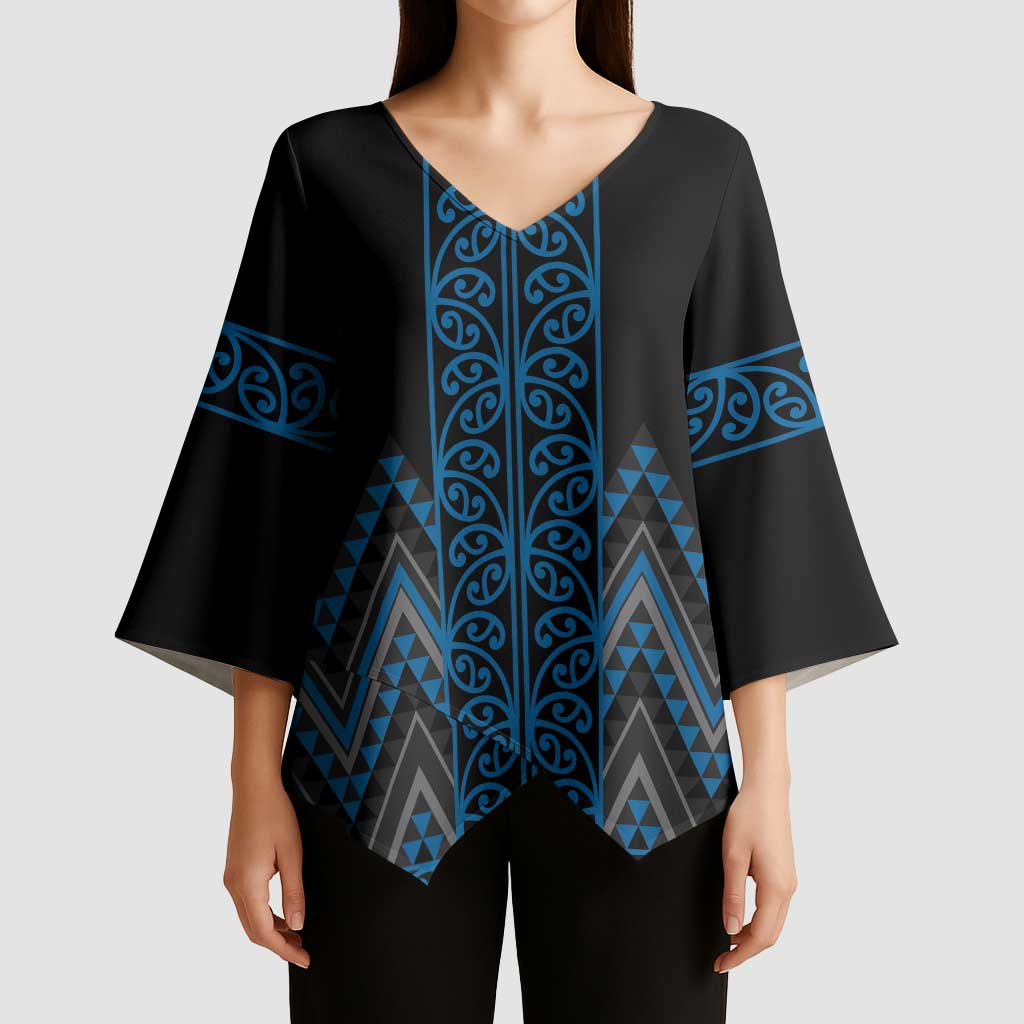 Blue Aotearoa Mangopare Kowhaiwhai Niho Taniwha Kimono Sleeve Blouse Maori New Zealand - Polynesian Pride