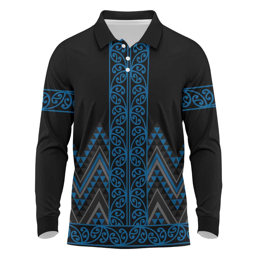 Blue Aotearoa Mangopare Kowhaiwhai and Niho Taniwha Long Sleeve Polo Shirt Maori New Zealand