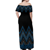 Blue Aotearoa Mangopare Kowhaiwhai and Niho Taniwha Off Shoulder Maxi Dress Maori New Zealand