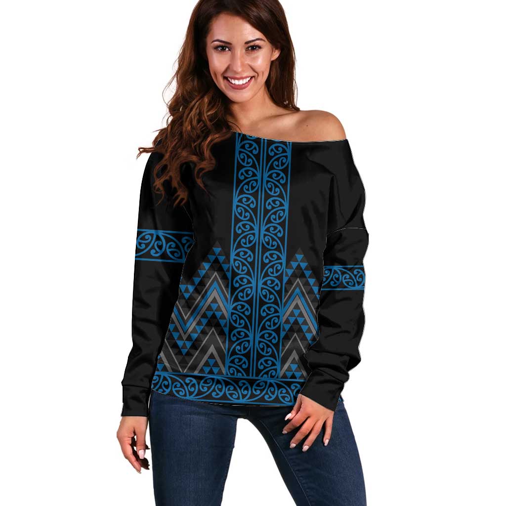 Blue Aotearoa Mangopare Kowhaiwhai and Niho Taniwha Off Shoulder Sweater Maori New Zealand
