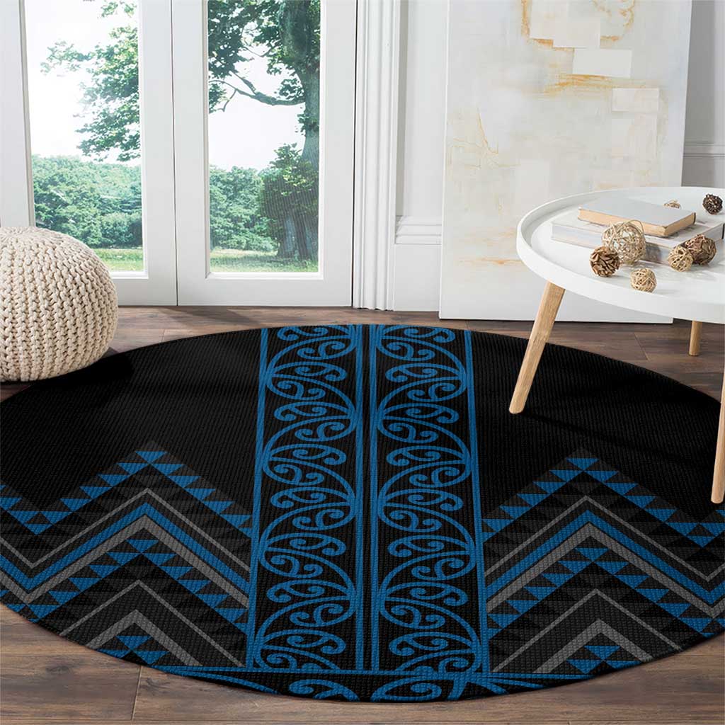 Blue Aotearoa Mangopare Kowhaiwhai and Niho Taniwha Round Carpet Maori New Zealand