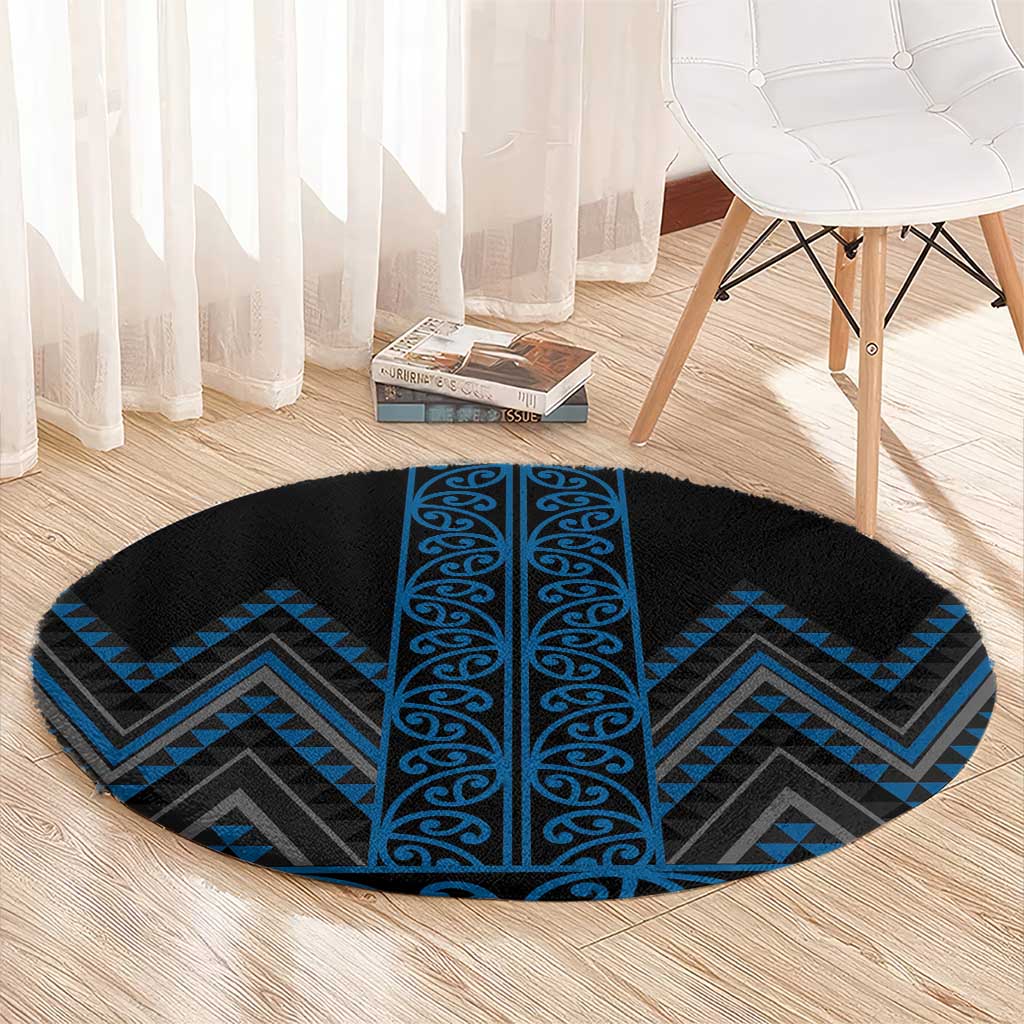 Blue Aotearoa Mangopare Kowhaiwhai and Niho Taniwha Round Carpet Maori New Zealand