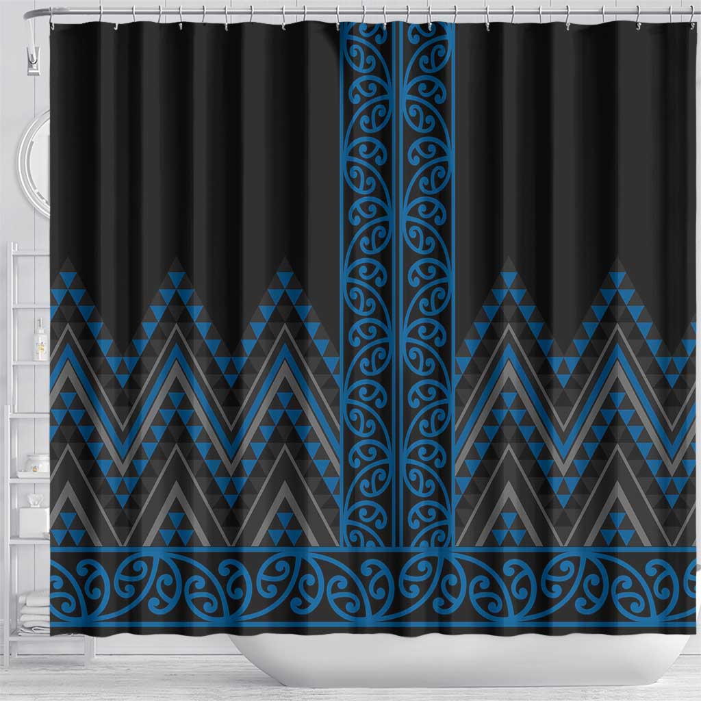 Blue Aotearoa Mangopare Kowhaiwhai and Niho Taniwha Shower Curtain Maori New Zealand