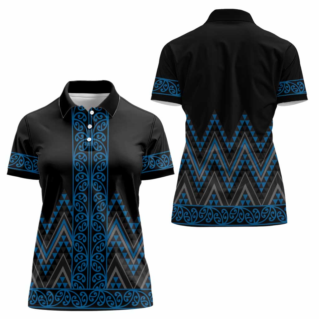 Blue Aotearoa Mangopare Kowhaiwhai and Niho Taniwha Women Polo Shirt Maori New Zealand
