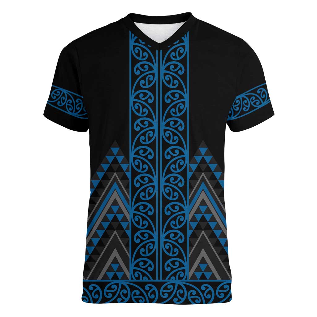 Blue Aotearoa Mangopare Kowhaiwhai and Niho Taniwha Women V-Neck T-Shirt Maori New Zealand