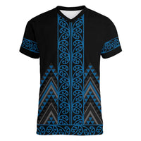 Blue Aotearoa Mangopare Kowhaiwhai and Niho Taniwha Women V-Neck T-Shirt Maori New Zealand