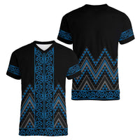 Blue Aotearoa Mangopare Kowhaiwhai and Niho Taniwha Women V-Neck T-Shirt Maori New Zealand