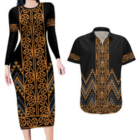 Gold Aotearoa Mangopare Kowhaiwhai and Niho Taniwha Couples Matching Long Sleeve Bodycon Dress and Hawaiian Shirt Maori New Zealand