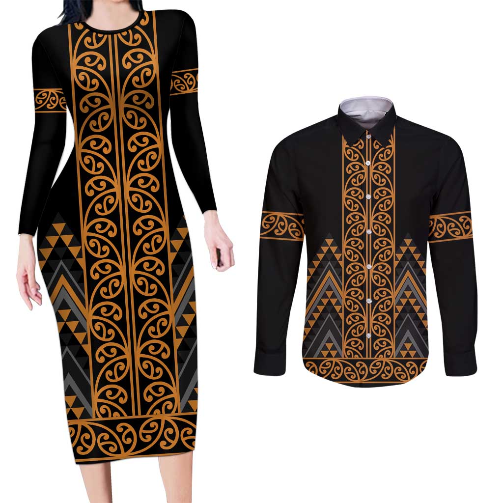 Gold Aotearoa Mangopare Kowhaiwhai and Niho Taniwha Couples Matching Long Sleeve Bodycon Dress and Long Sleeve Button Shirt Maori New Zealand