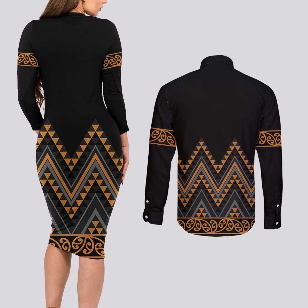 Gold Aotearoa Mangopare Kowhaiwhai and Niho Taniwha Couples Matching Long Sleeve Bodycon Dress and Long Sleeve Button Shirt Maori New Zealand