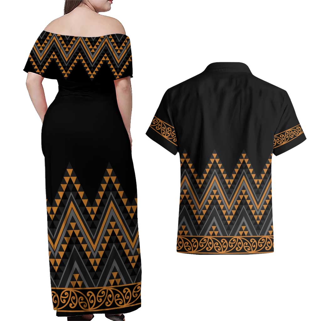 Gold Aotearoa Mangopare Kowhaiwhai and Niho Taniwha Couples Matching Off Shoulder Maxi Dress and Hawaiian Shirt Maori New Zealand