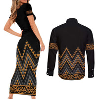 Gold Aotearoa Mangopare Kowhaiwhai and Niho Taniwha Couples Matching Short Sleeve Bodycon Dress and Long Sleeve Button Shirt Maori New Zealand