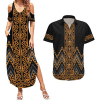 Gold Aotearoa Mangopare Kowhaiwhai and Niho Taniwha Couples Matching Summer Maxi Dress and Hawaiian Shirt Maori New Zealand