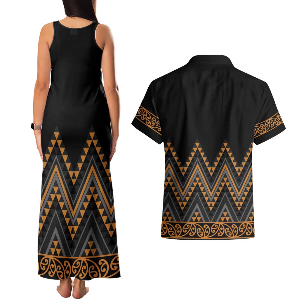 Gold Aotearoa Mangopare Kowhaiwhai and Niho Taniwha Couples Matching Tank Maxi Dress and Hawaiian Shirt Maori New Zealand