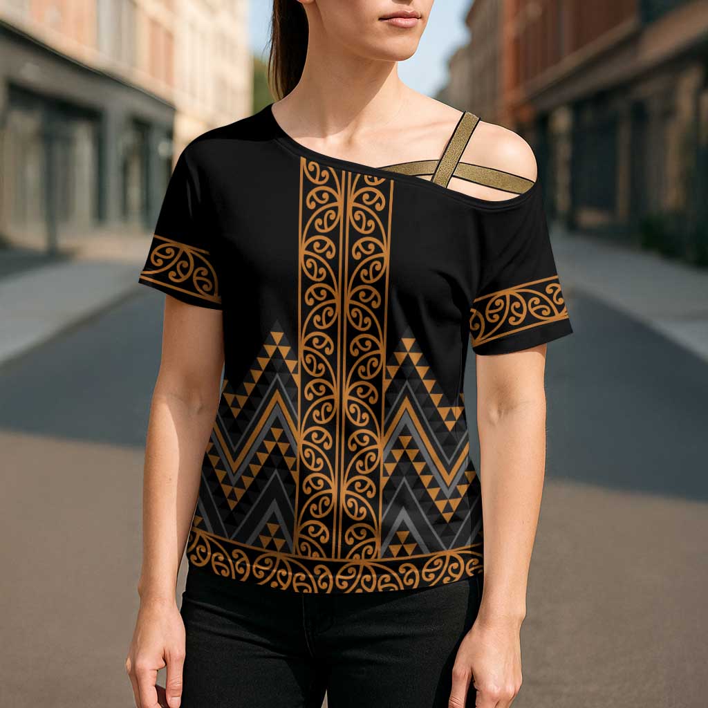 Gold Aotearoa Mangopare Kowhaiwhai Niho Taniwha Cross Shoulder Shirt Maori New Zealand - Polynesian Pride