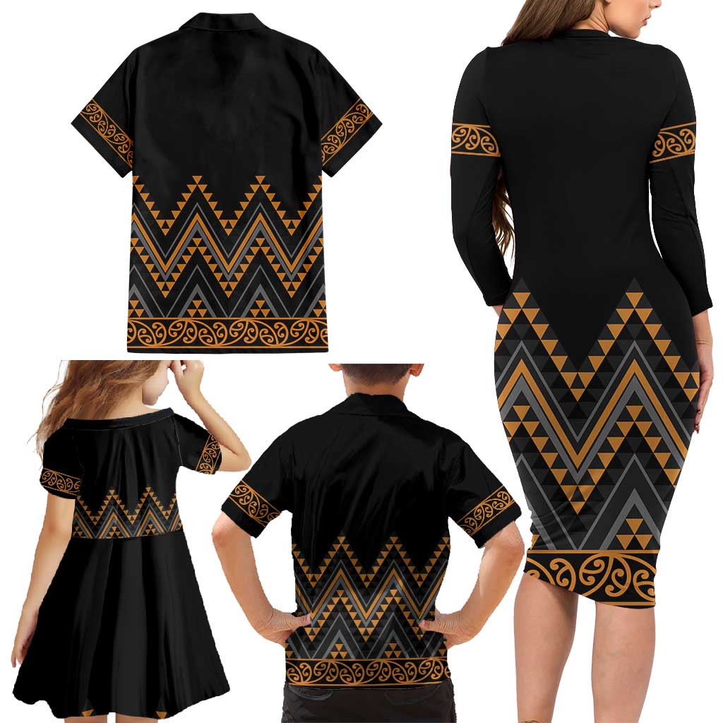 Gold Aotearoa Mangopare Kowhaiwhai and Niho Taniwha Family Matching Long Sleeve Bodycon Dress and Hawaiian Shirt Maori New Zealand