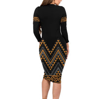 Gold Aotearoa Mangopare Kowhaiwhai and Niho Taniwha Family Matching Long Sleeve Bodycon Dress and Hawaiian Shirt Maori New Zealand