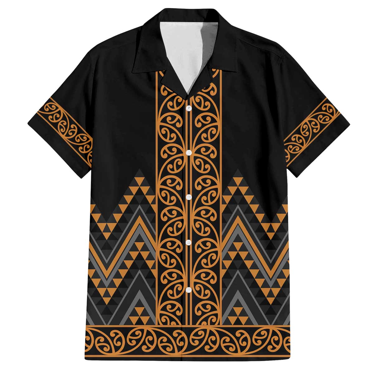 Gold Aotearoa Mangopare Kowhaiwhai and Niho Taniwha Family Matching Off The Shoulder Long Sleeve Dress and Hawaiian Shirt Maori New Zealand