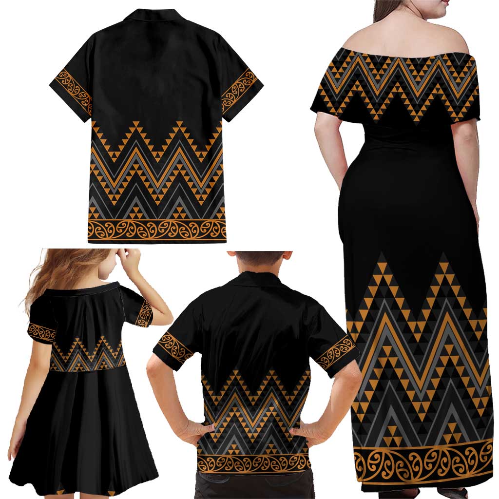 Gold Aotearoa Mangopare Kowhaiwhai and Niho Taniwha Family Matching Off Shoulder Maxi Dress and Hawaiian Shirt Maori New Zealand
