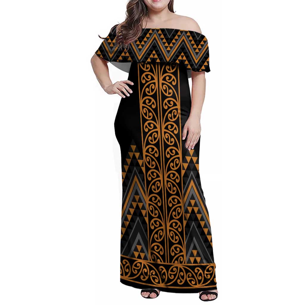 Gold Aotearoa Mangopare Kowhaiwhai and Niho Taniwha Family Matching Off Shoulder Maxi Dress and Hawaiian Shirt Maori New Zealand