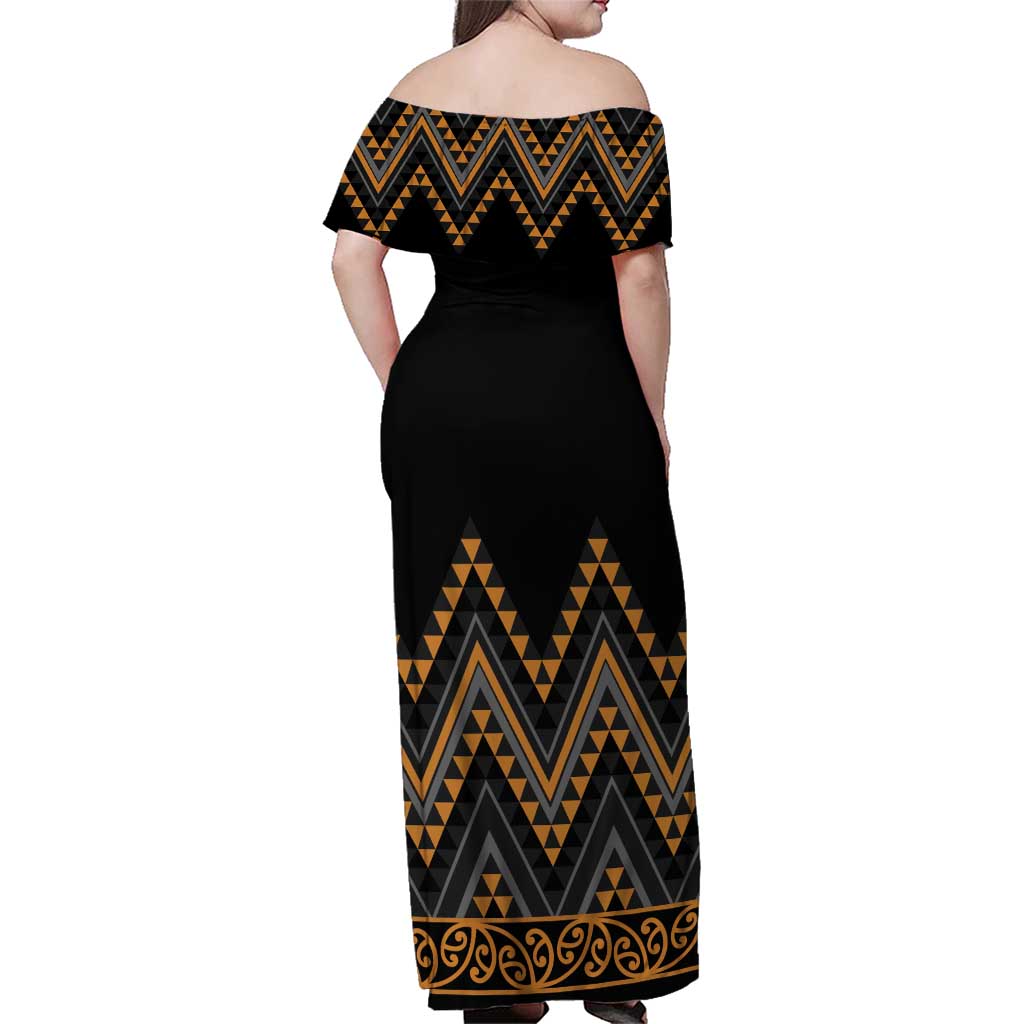 Gold Aotearoa Mangopare Kowhaiwhai and Niho Taniwha Family Matching Off Shoulder Maxi Dress and Hawaiian Shirt Maori New Zealand