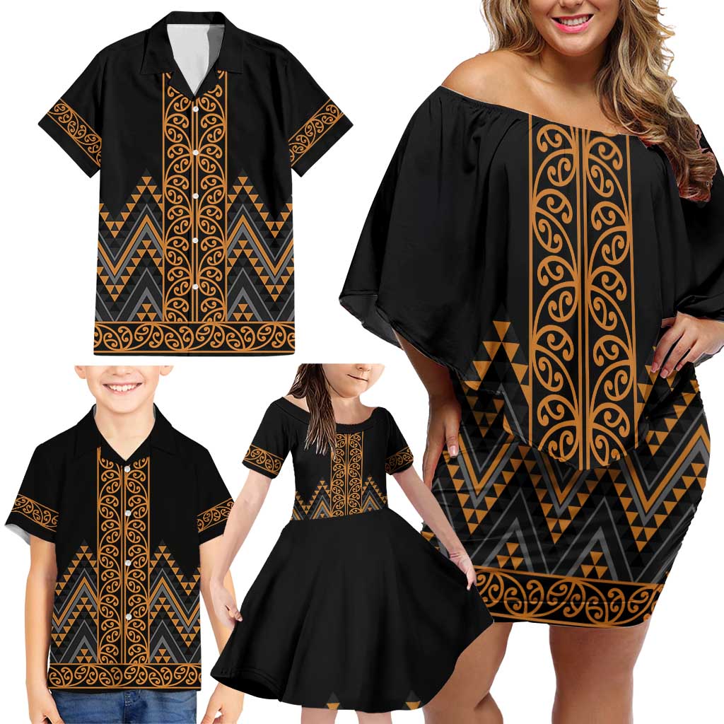 Gold Aotearoa Mangopare Kowhaiwhai and Niho Taniwha Family Matching Off Shoulder Short Dress and Hawaiian Shirt Maori New Zealand