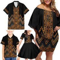 Gold Aotearoa Mangopare Kowhaiwhai and Niho Taniwha Family Matching Off Shoulder Short Dress and Hawaiian Shirt Maori New Zealand