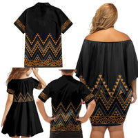 Gold Aotearoa Mangopare Kowhaiwhai and Niho Taniwha Family Matching Off Shoulder Short Dress and Hawaiian Shirt Maori New Zealand
