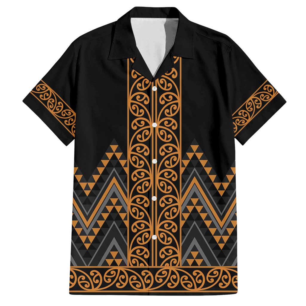 Gold Aotearoa Mangopare Kowhaiwhai and Niho Taniwha Family Matching Off Shoulder Short Dress and Hawaiian Shirt Maori New Zealand