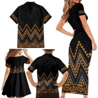 Gold Aotearoa Mangopare Kowhaiwhai and Niho Taniwha Family Matching Short Sleeve Bodycon Dress and Hawaiian Shirt Maori New Zealand