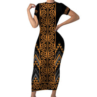 Gold Aotearoa Mangopare Kowhaiwhai and Niho Taniwha Family Matching Short Sleeve Bodycon Dress and Hawaiian Shirt Maori New Zealand