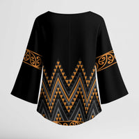 Gold Aotearoa Mangopare Kowhaiwhai Niho Taniwha Kimono Sleeve Blouse Maori New Zealand - Polynesian Pride
