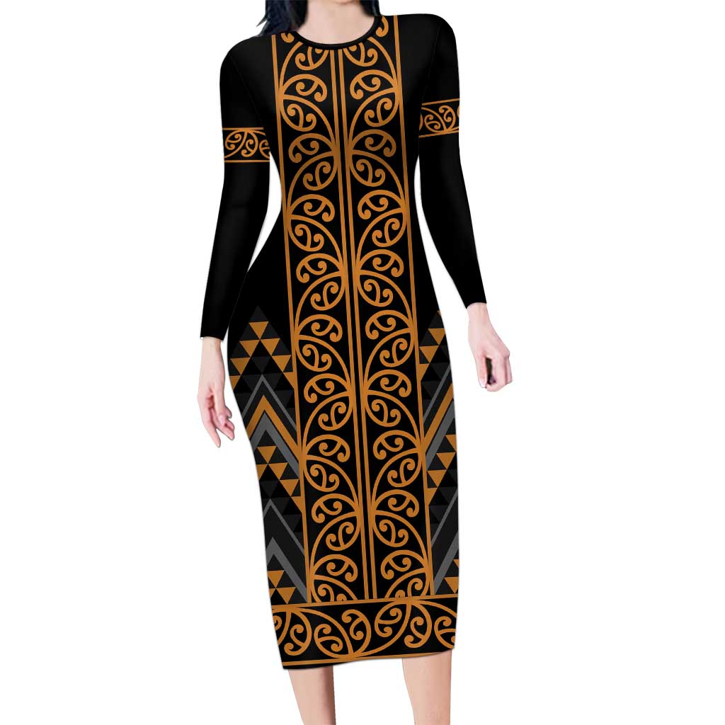 Gold Aotearoa Mangopare Kowhaiwhai and Niho Taniwha Long Sleeve Bodycon Dress Maori New Zealand