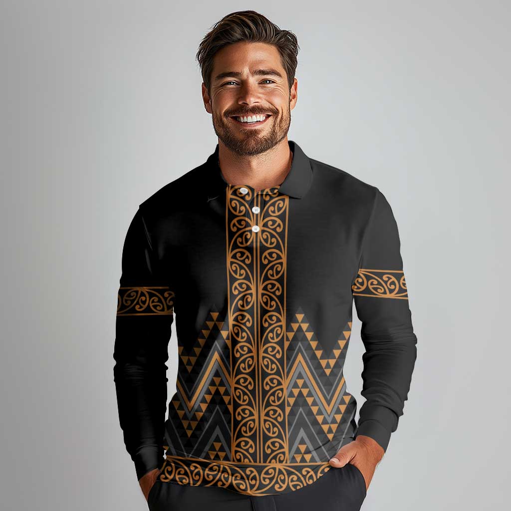Gold Aotearoa Mangopare Kowhaiwhai and Niho Taniwha Long Sleeve Polo Shirt Maori New Zealand