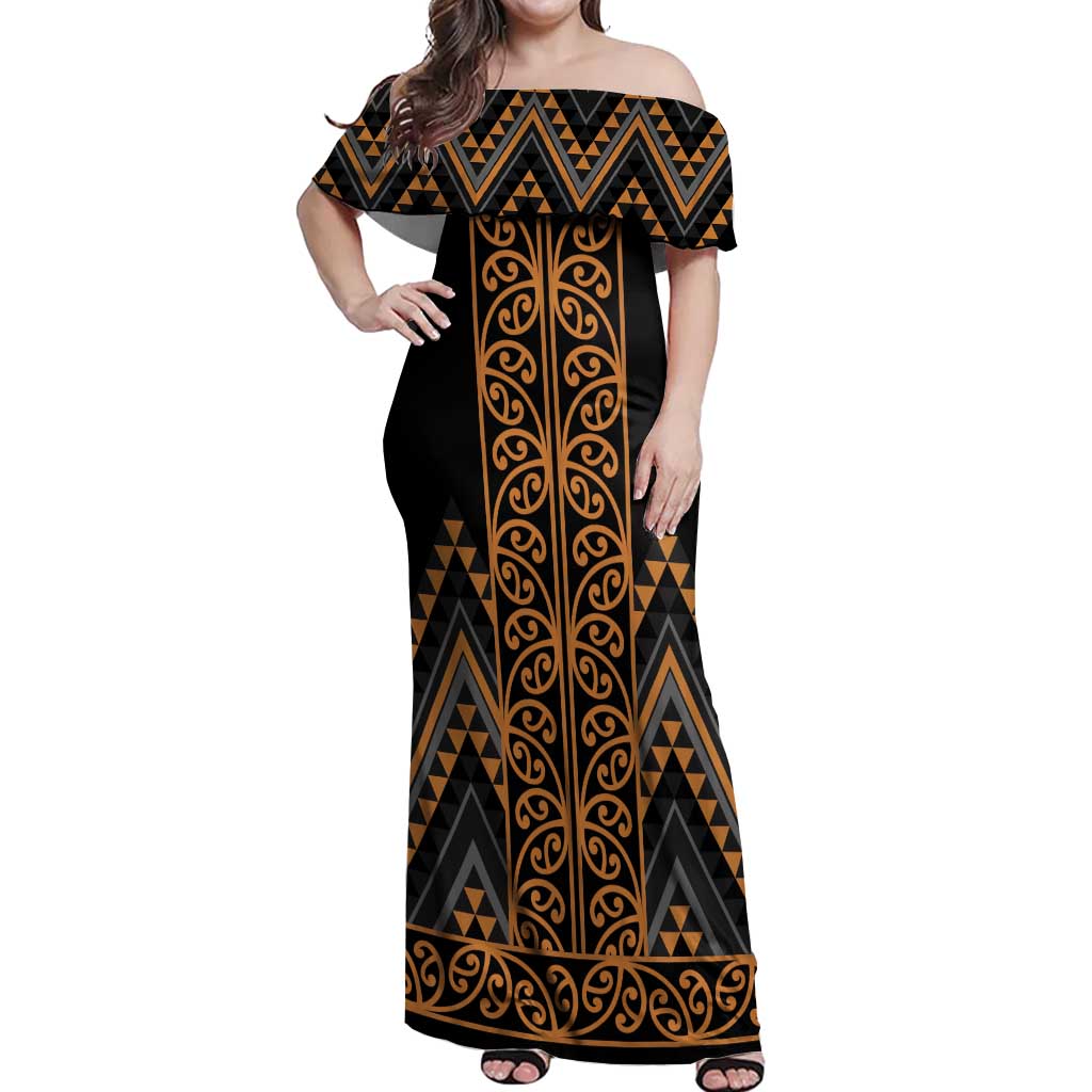 Gold Aotearoa Mangopare Kowhaiwhai and Niho Taniwha Off Shoulder Maxi Dress Maori New Zealand
