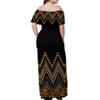 Gold Aotearoa Mangopare Kowhaiwhai and Niho Taniwha Off Shoulder Maxi Dress Maori New Zealand