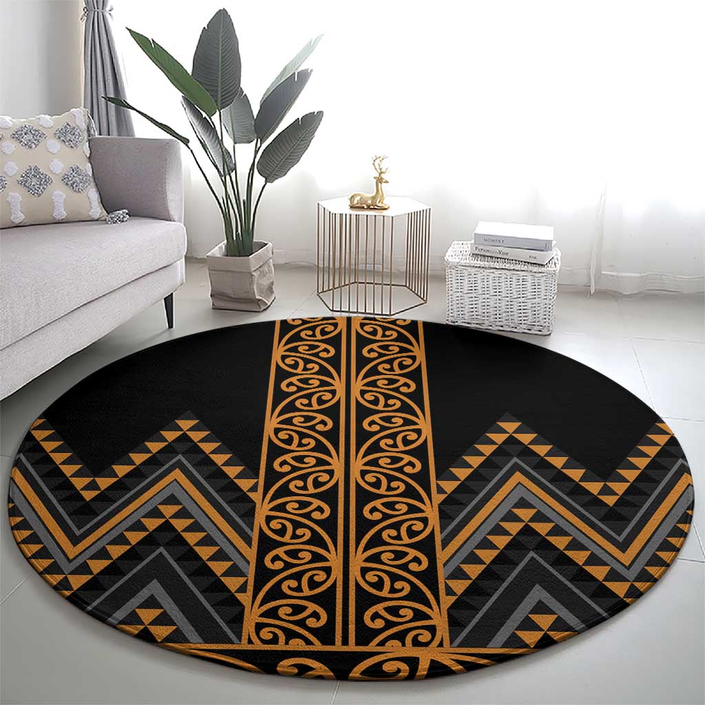 Gold Aotearoa Mangopare Kowhaiwhai and Niho Taniwha Round Carpet Maori New Zealand