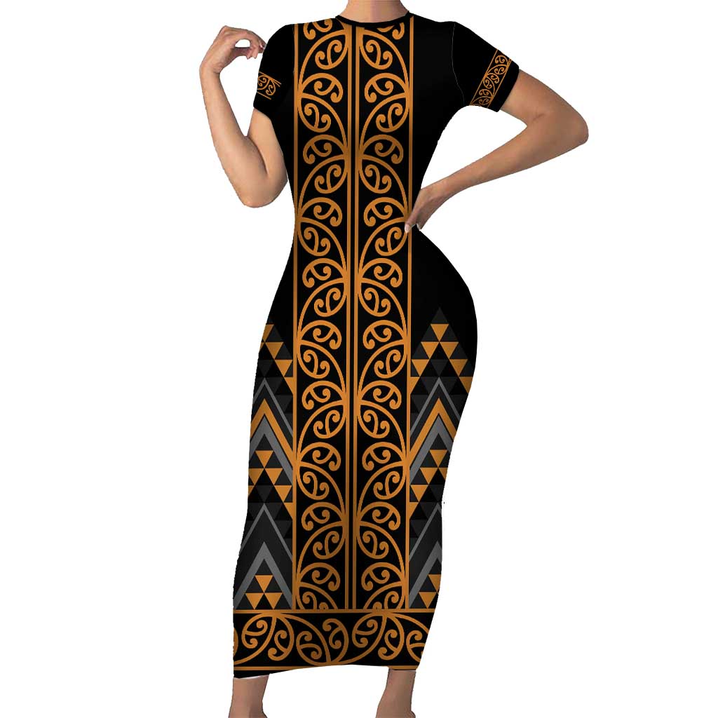 Gold Aotearoa Mangopare Kowhaiwhai and Niho Taniwha Short Sleeve Bodycon Dress Maori New Zealand